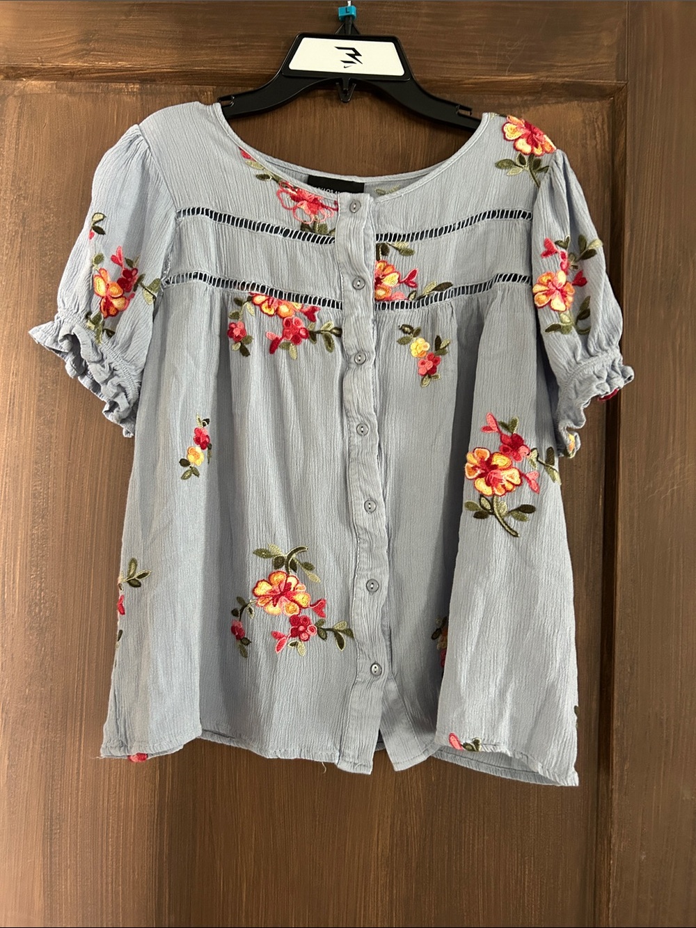 Light Blue Floral Embroidered Button-Front Blouse
